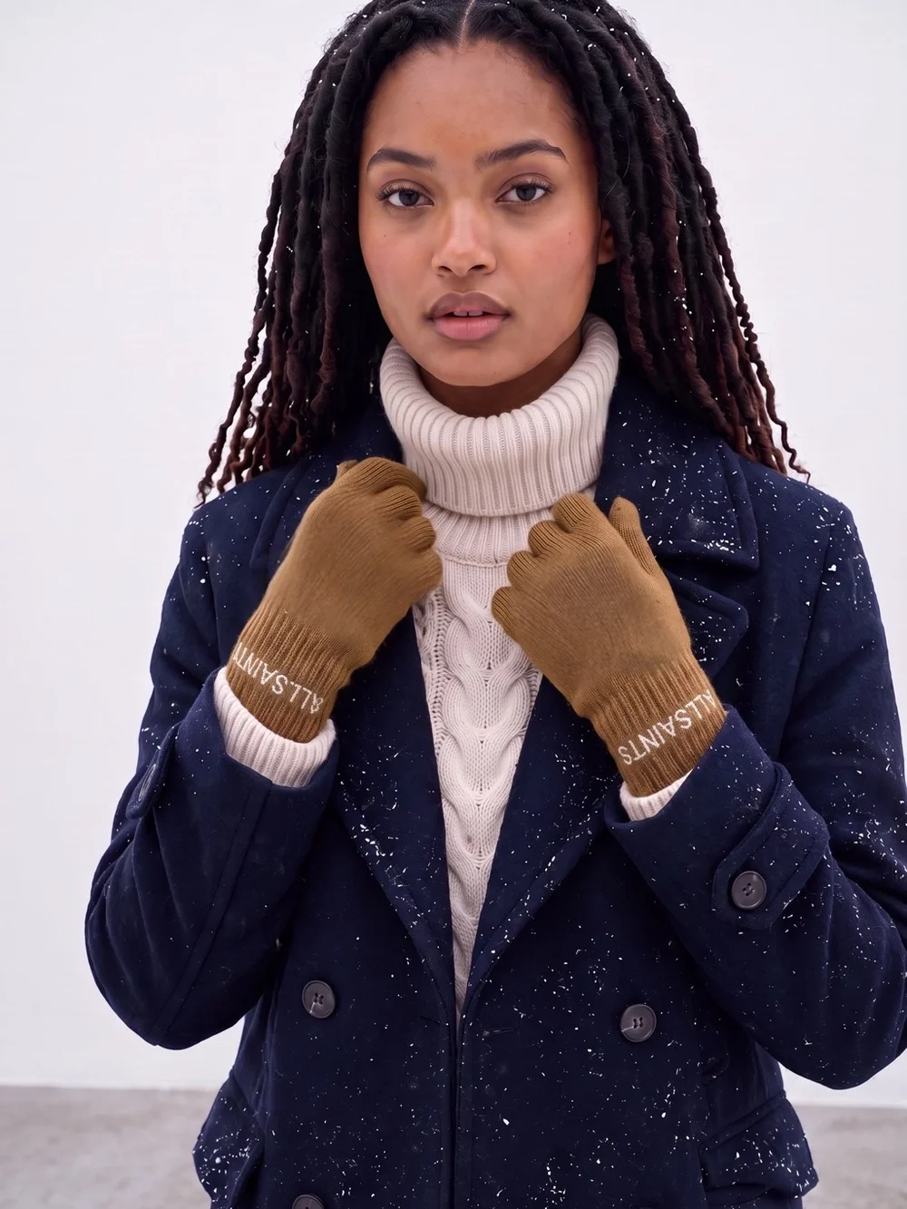 NWT AllSaints Women’s Gold Khaki Wool Blend Knit Touchscreen Logo Gloves OS